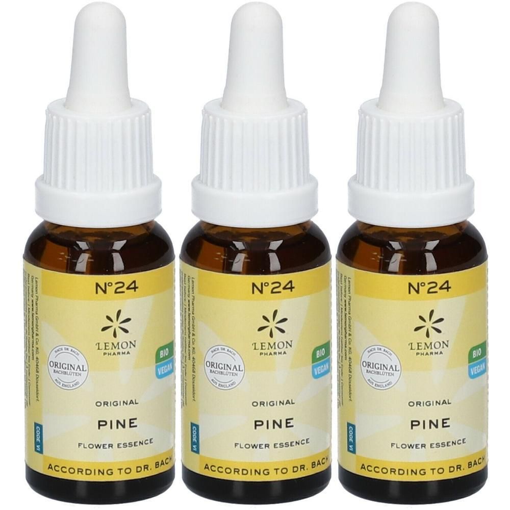 Drie flesjes met druppeldop, geel etiket met 'Pine Flower Essence' en 'N°24'.