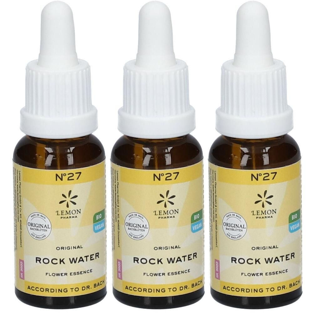 Trois flacons de Rock Water de Lemon Pharma, essence florale selon Dr. Bach.