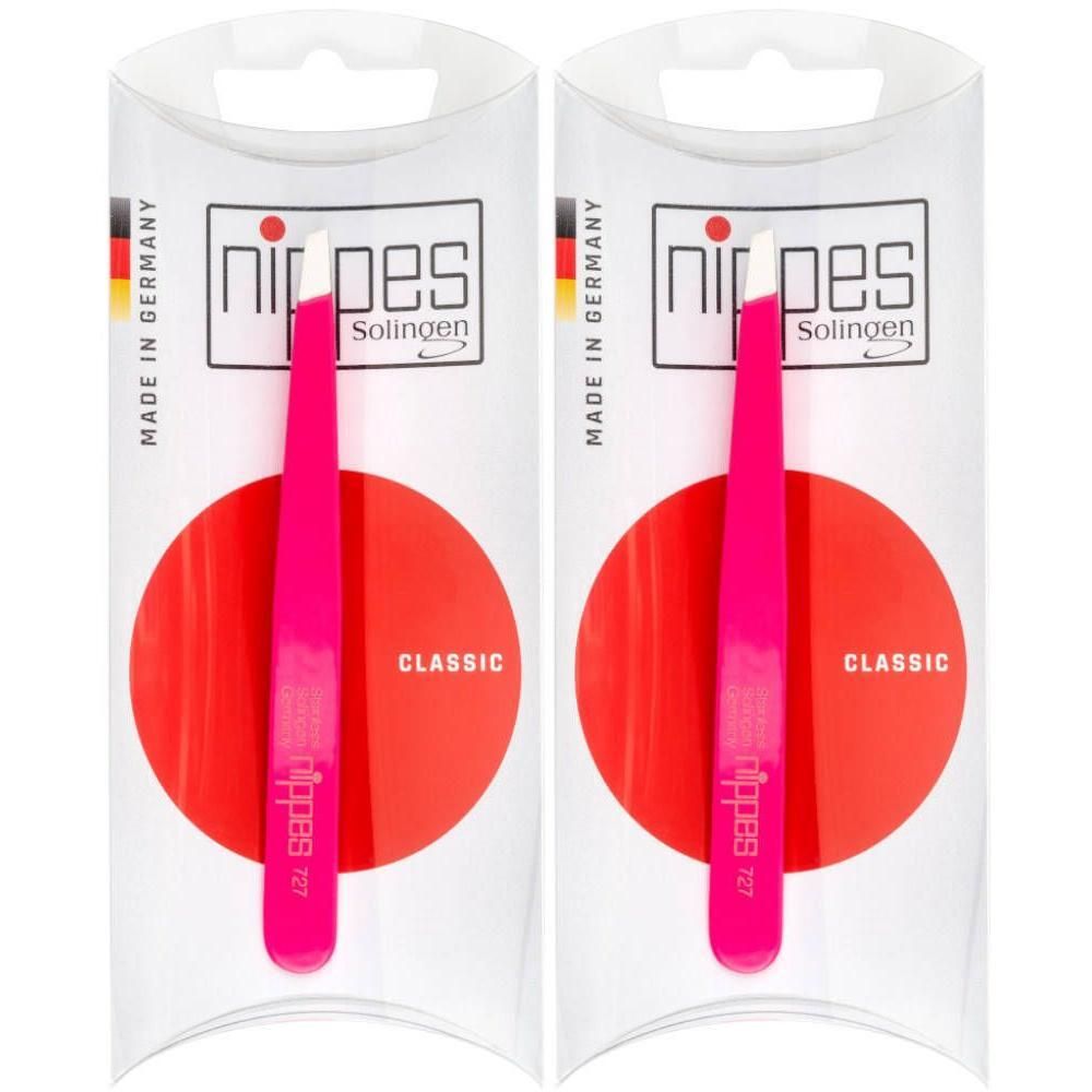 Twee roze Nippes pincetten met schuine punt in doorzichtige verpakking. Gemaakt in Duitsland.