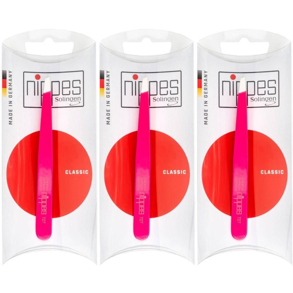 Drie roze Nippes pincetten in doorzichtige verpakking. "Made in Germany" en "Classic" zijn zichtbaar.