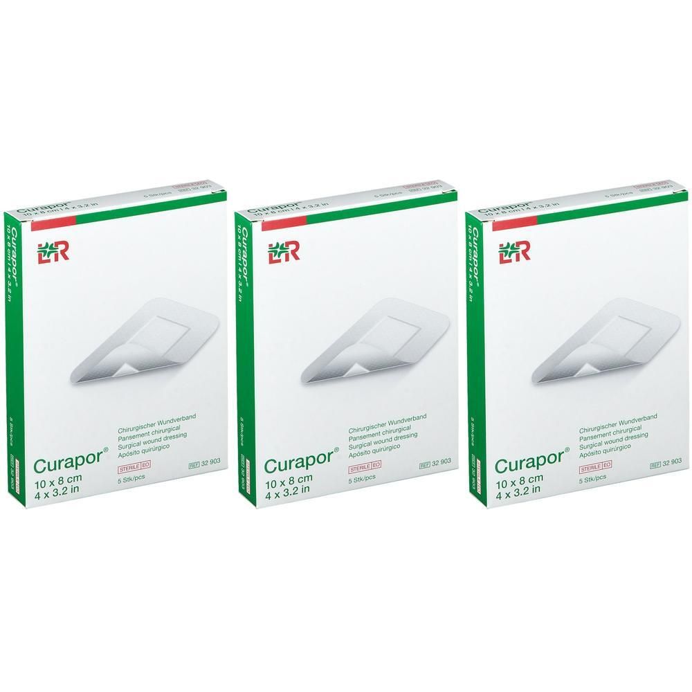 Drie pakken Curapor chirurgisch verband, 10x8 cm.