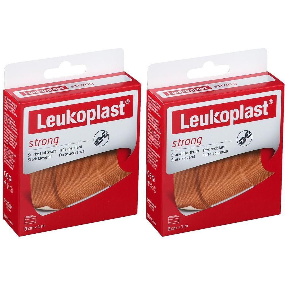 Deux boîtes de Leukoplast strong. Emballage rouge avec nom et caractéristiques du produit. Rouleau de pansement visible, 8cm x 1m.