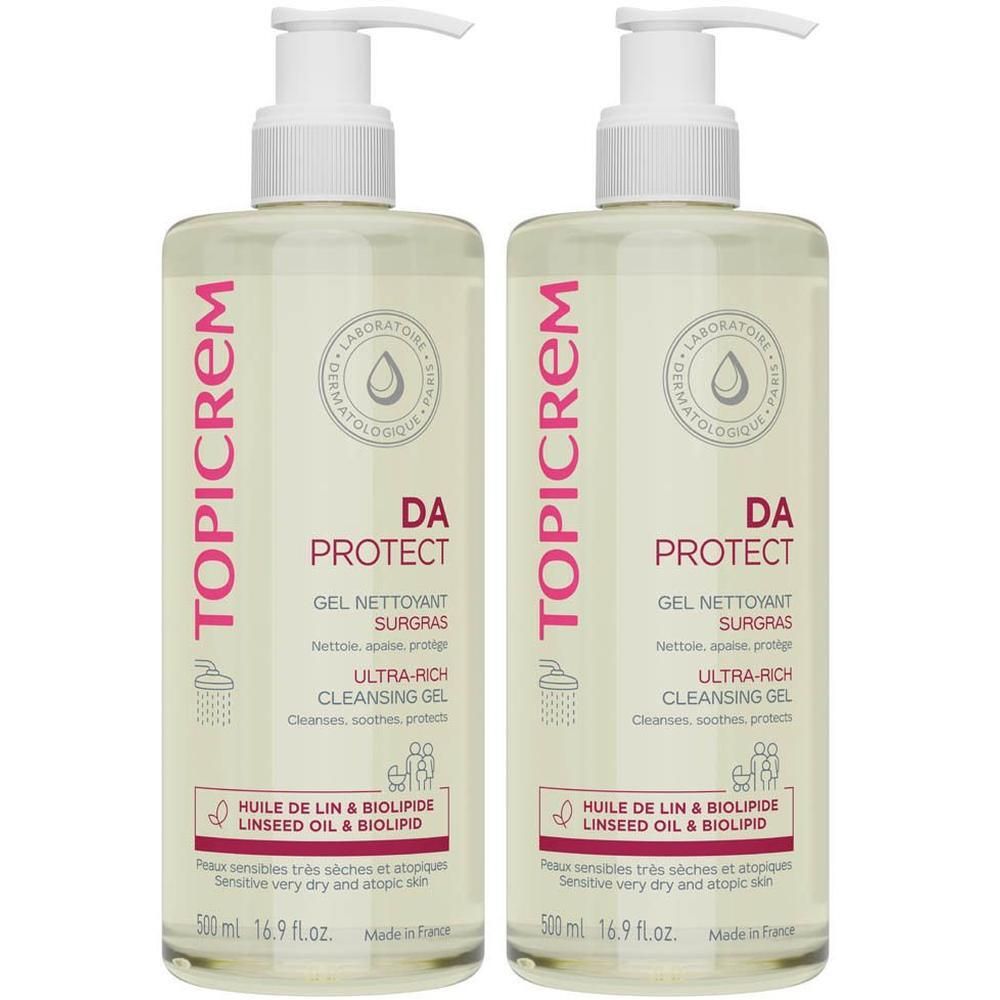 Twee pompflesjes Topicrem DA Protect Gel Nettoyant Surgras, 500 ml.