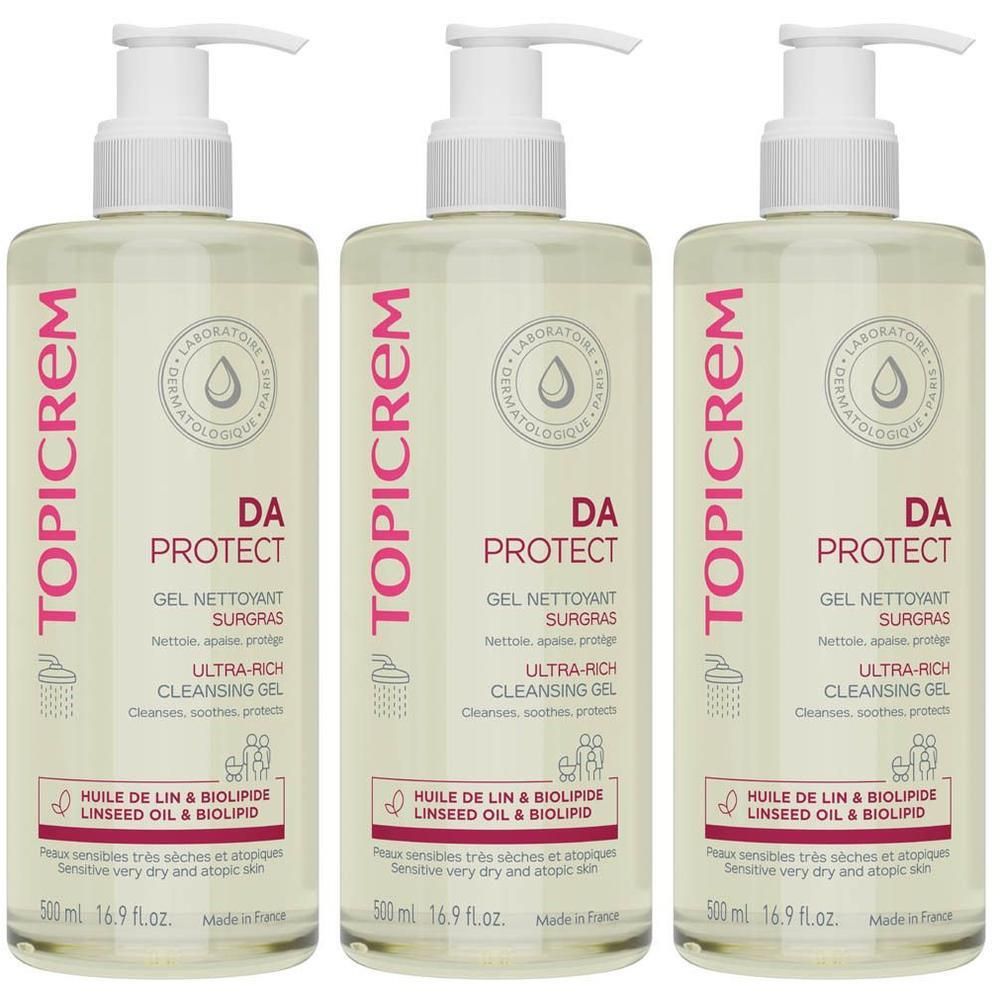 Topicrem DA Protect Ultra-Rijke Reinigingsgel in drie pompflesjes, 500 ml.