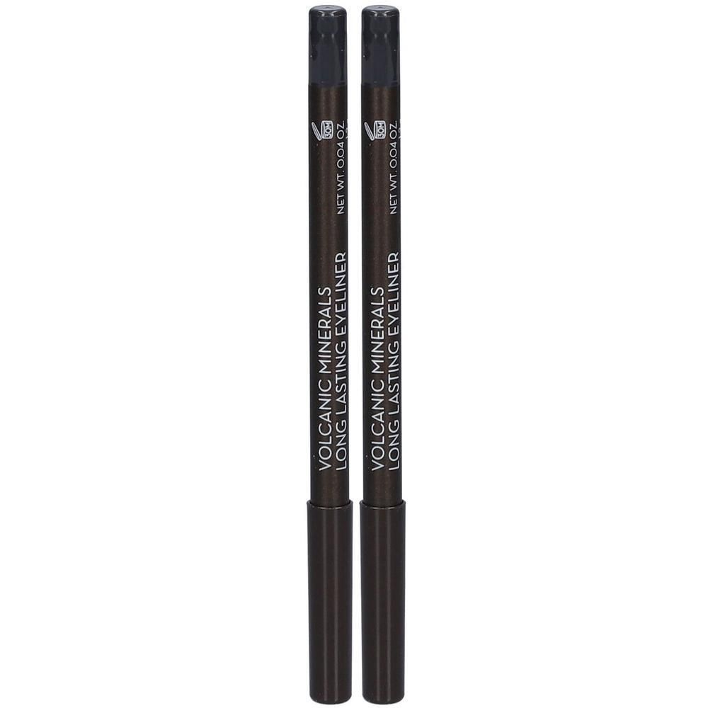 Twee donkere eyeliner potloden met de tekst "Volcanic Minerals Long Lasting Eyeliner".