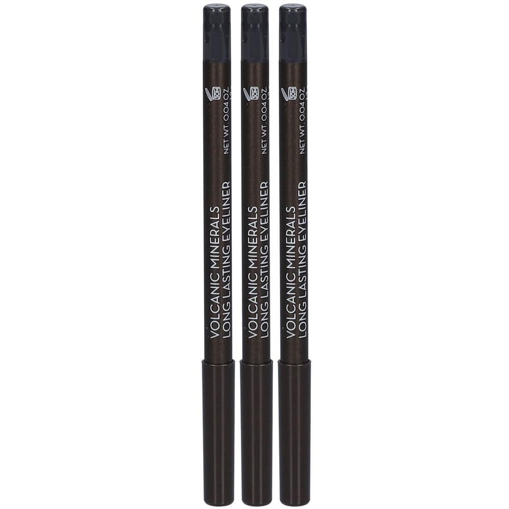 Drie donkere eyeliners met de tekst 'Volcanic Minerals Long Lasting Eyeliner'.