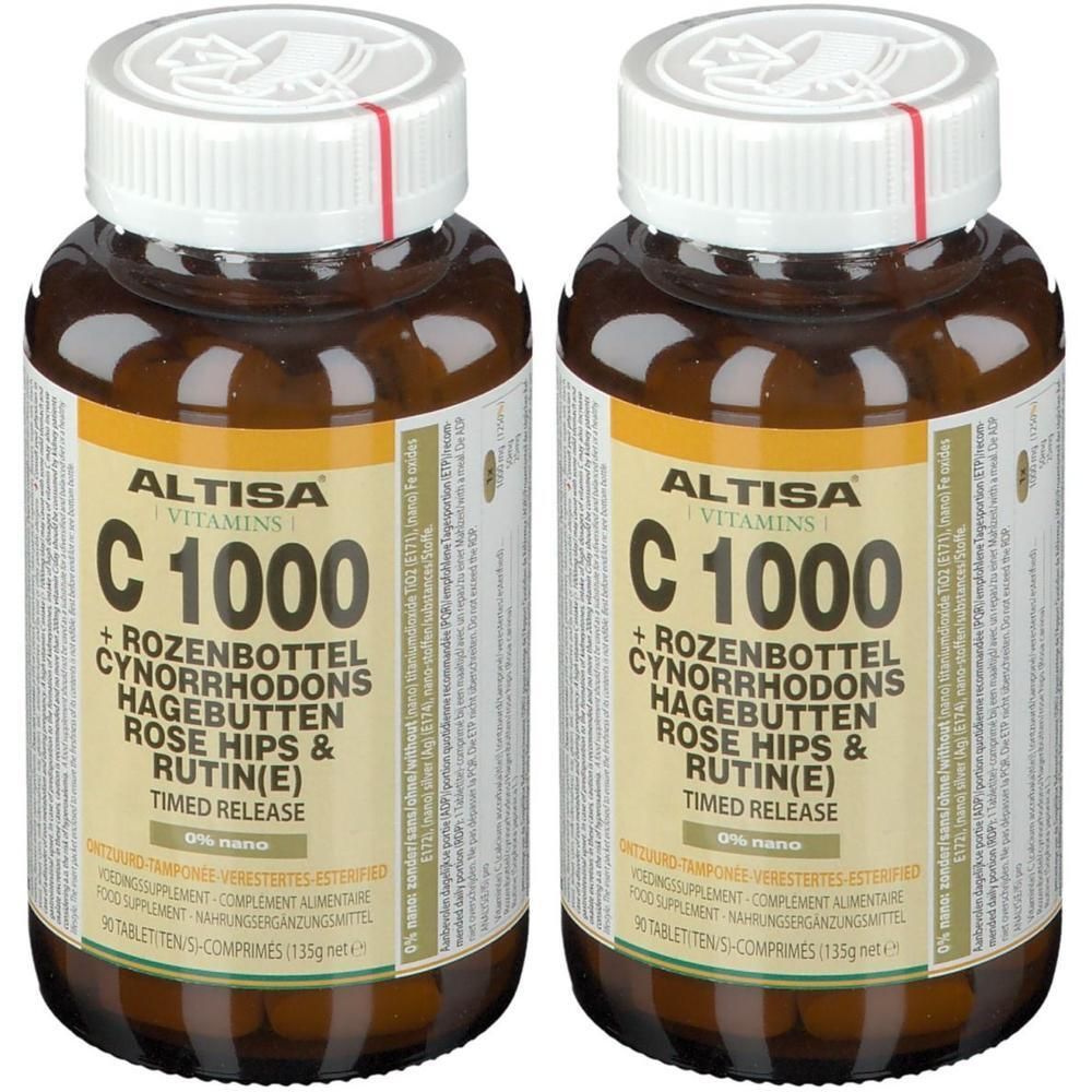 Twee flessen Altisa Vitamine C 1000mg met Rozenbottel en Rutine, Timed Release.
