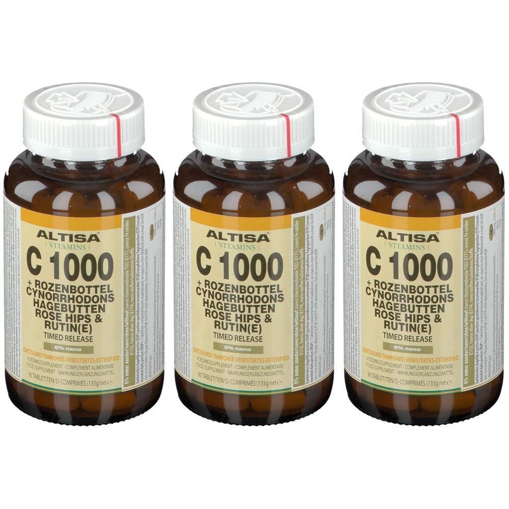 Drie flessen Altisa Vitamine C 1000mg met rozenbottel en rutine, Timed Release.