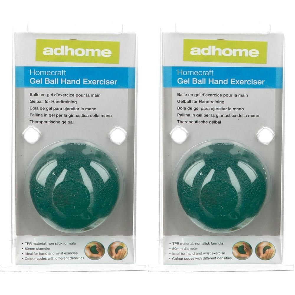 Twee groene gel handoefenballen in verpakking. Diameter 50mm. TPR materiaal.