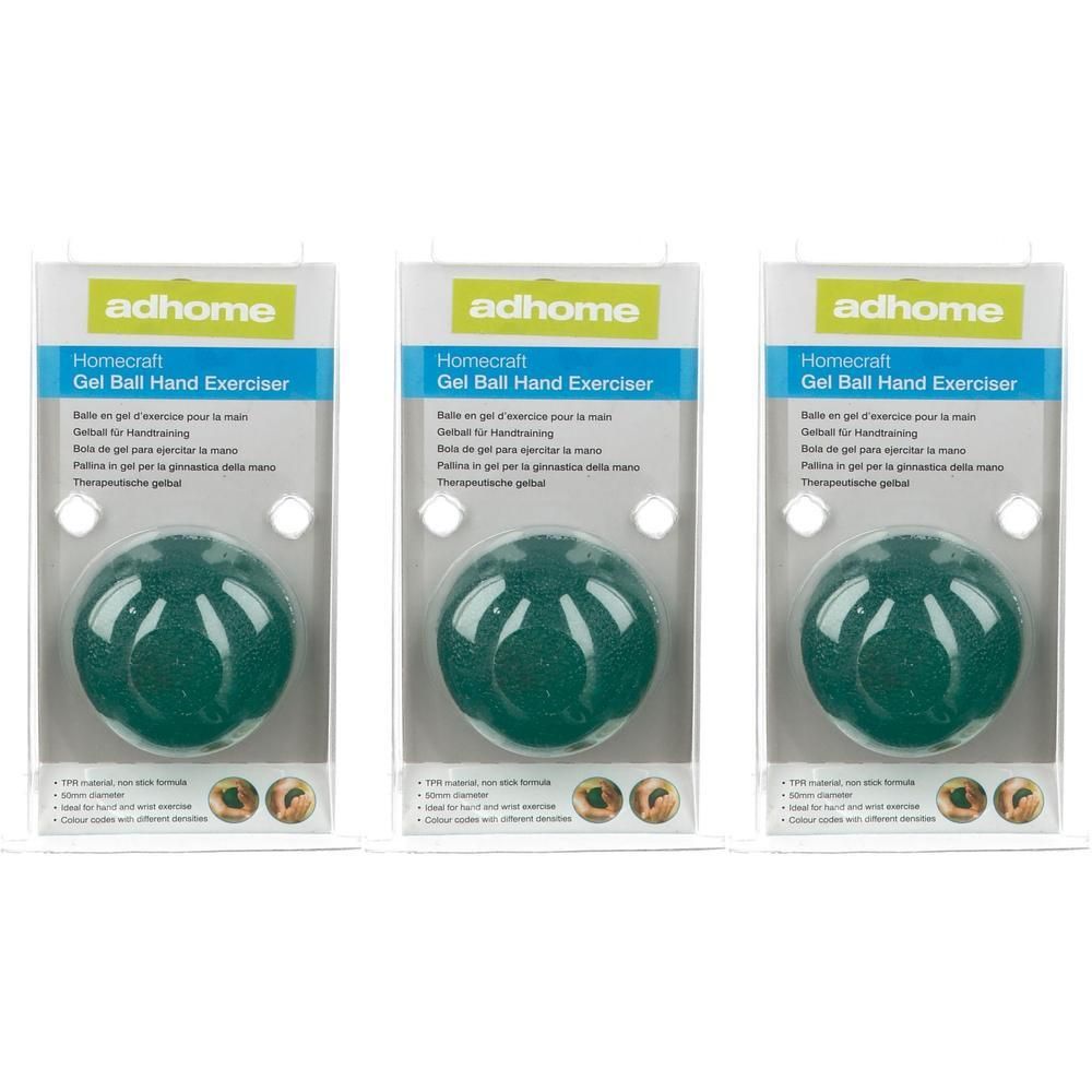 Drie groene gel handtrainers in verpakking.
