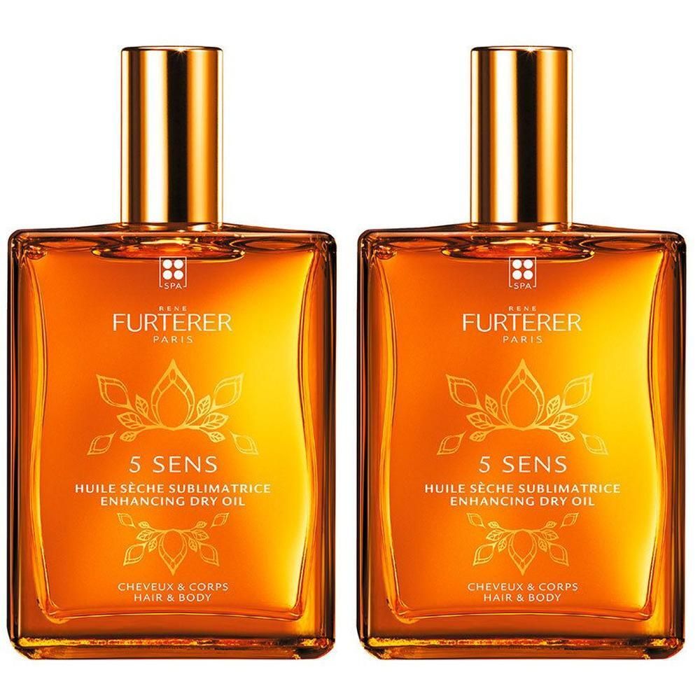 Deux flacons d'huile sèche sublimatrice René Furterer 5 Sens pour cheveux et corps.