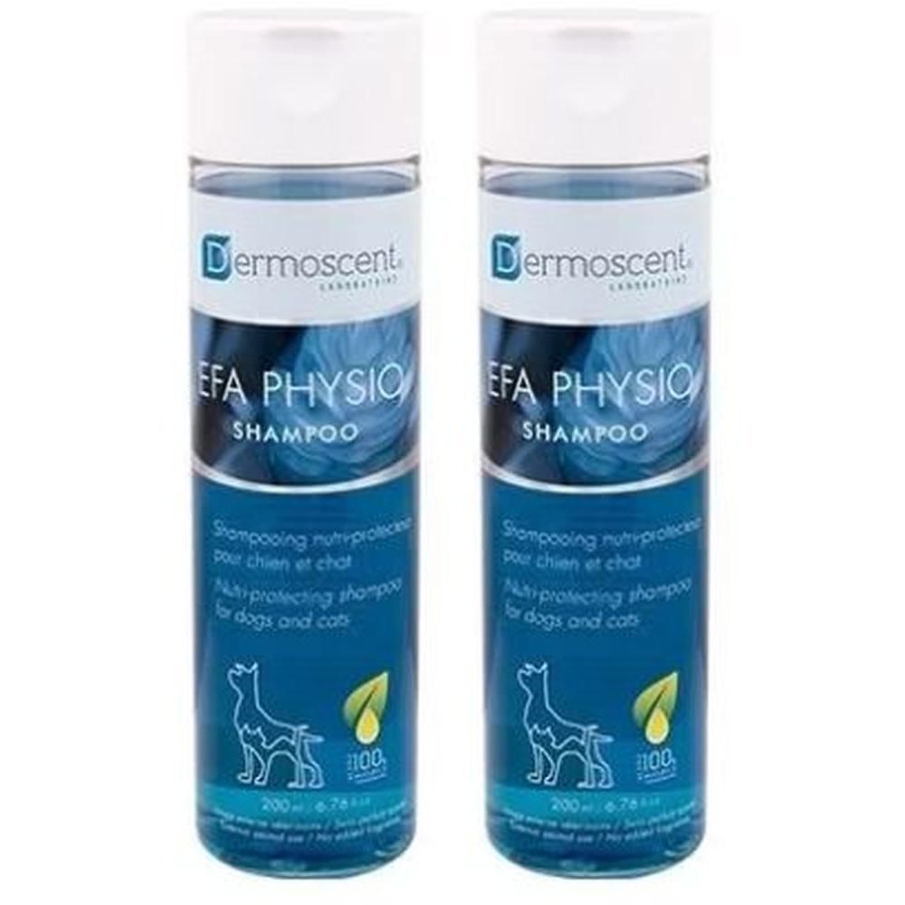 Twee flessen Dermoscent Efa Physio Shampoo voor hond en kat, 200ml.