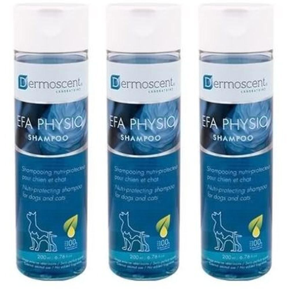Drie flessen Dermoscent EFA Physio Shampoo voor hond en kat, 200ml.