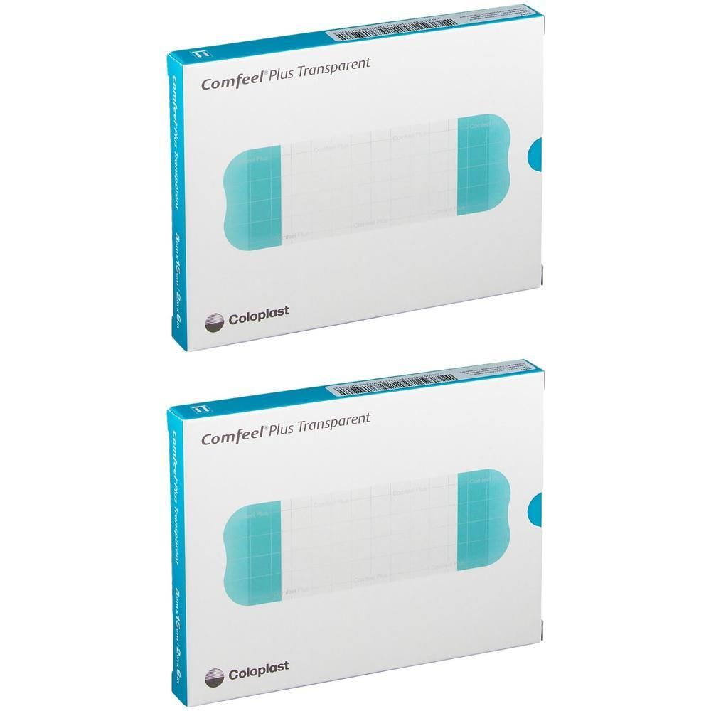Twee pakken Comfeel Plus Transparent verband. Transparant verband met blauwe randen.