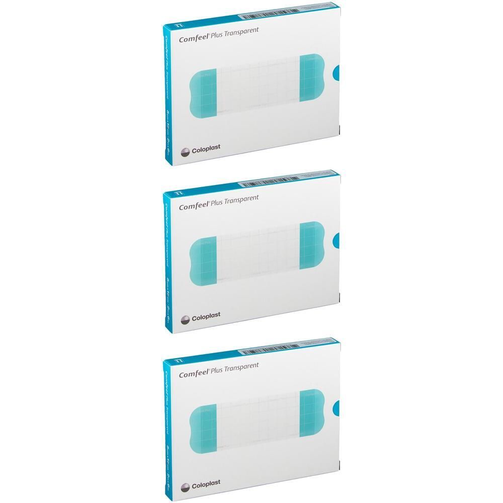Trois paquets de pansement Comfeel Plus Transparent. Chaque paquet montre un pansement transparent avec des bords bleus.