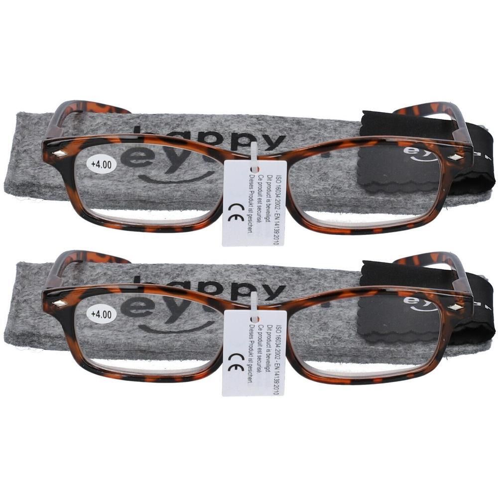 Deux paires de lunettes de lecture écaille de tortue, +4.00 dioptries, avec étui de protection gris.