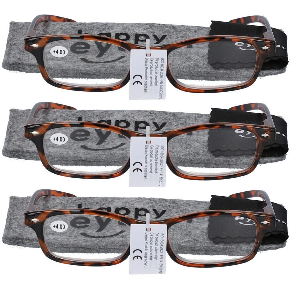 Drie schildpadkleurige leesbrillen +4.00, elk in een grijs etui.