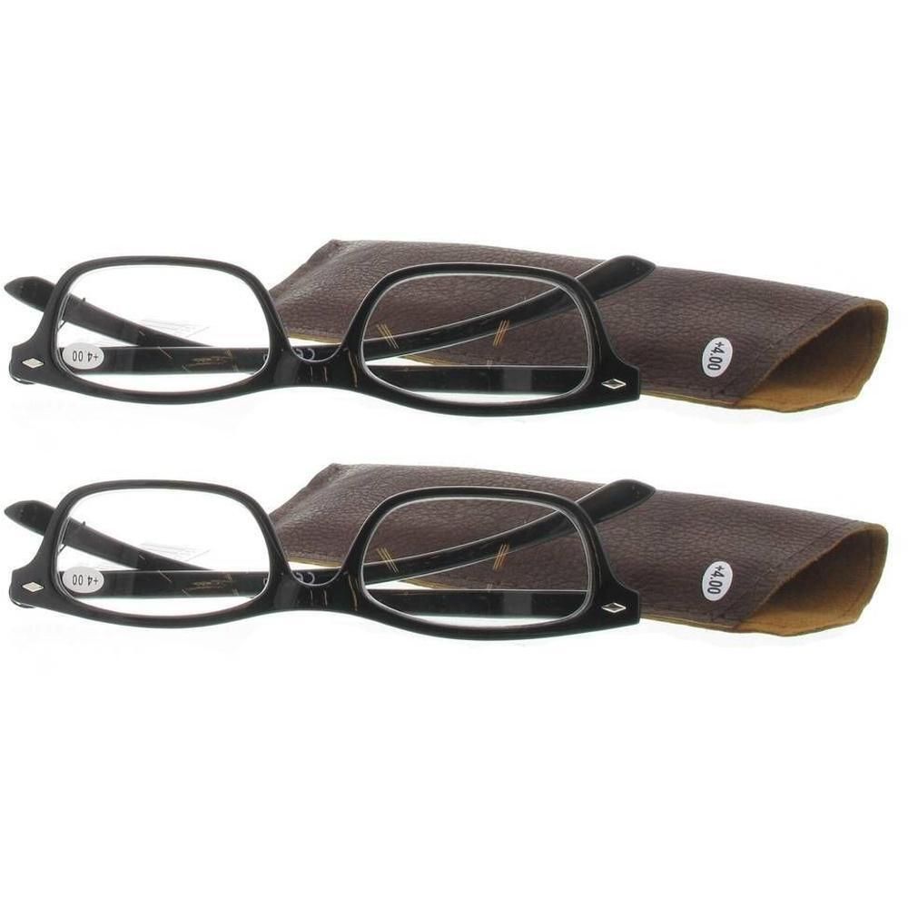 Deux paires de lunettes de lecture noires avec étuis marron. Chaque paire est graduée à +4.00.