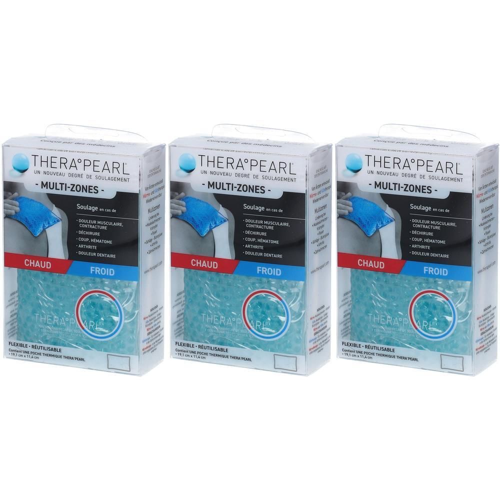 Trois paquets de compresses TheraPearl Chaud/Froid Multizones, remplis de perles bleues.