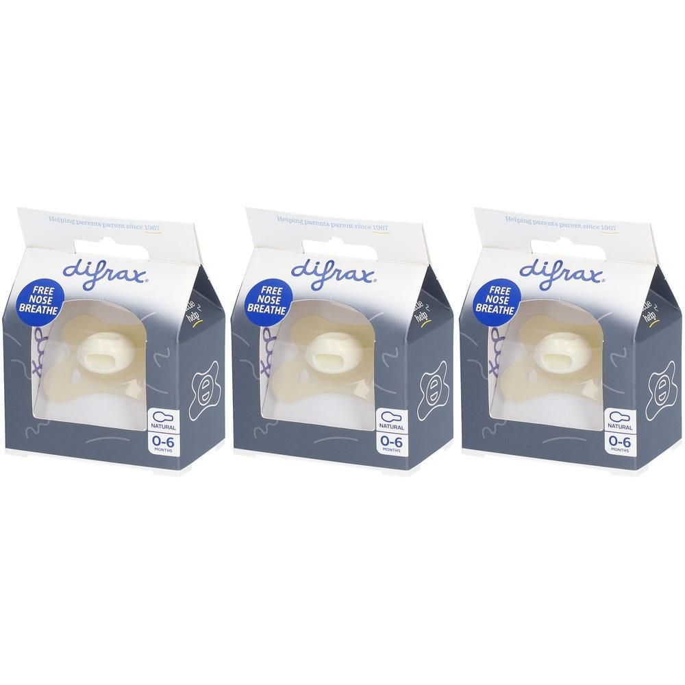 Drie pakjes Difrax fopspenen, 0-6 maanden, met 'Free Nose Breathe' opdruk.