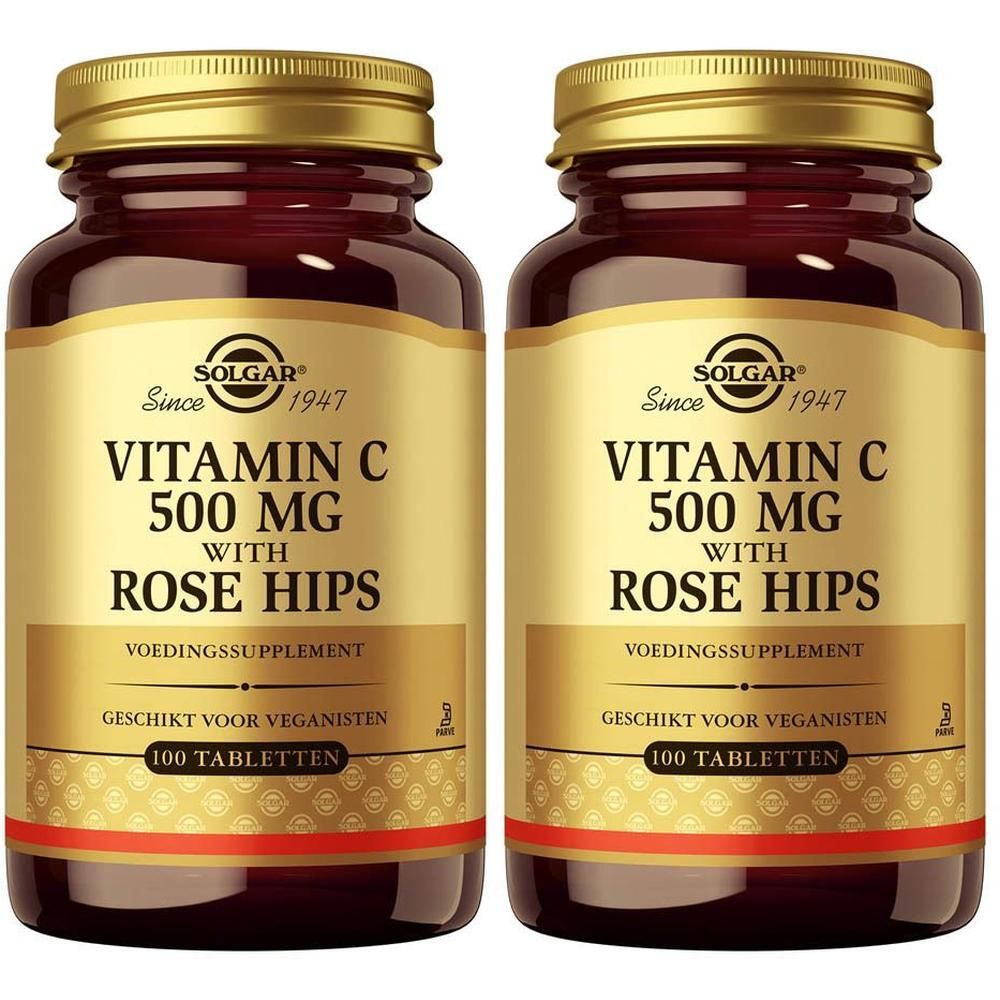 Twee flessen Solgar Vitamine C 500 mg met rozenbottel, elk bevat 100 tabletten.