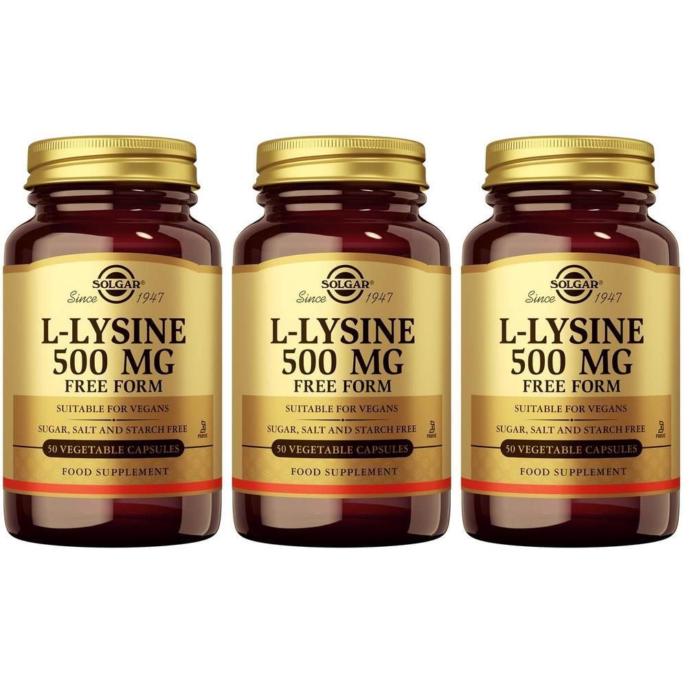 Drie flessen Solgar L-Lysine 500 mg, vrije vorm, 60 vegetarische capsules.