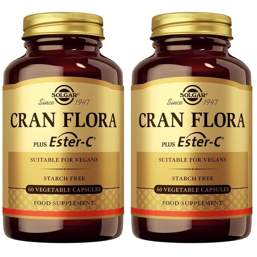 Twee flessen Solgar Cran Flora met Ester-C, 60 vegetarische capsules.