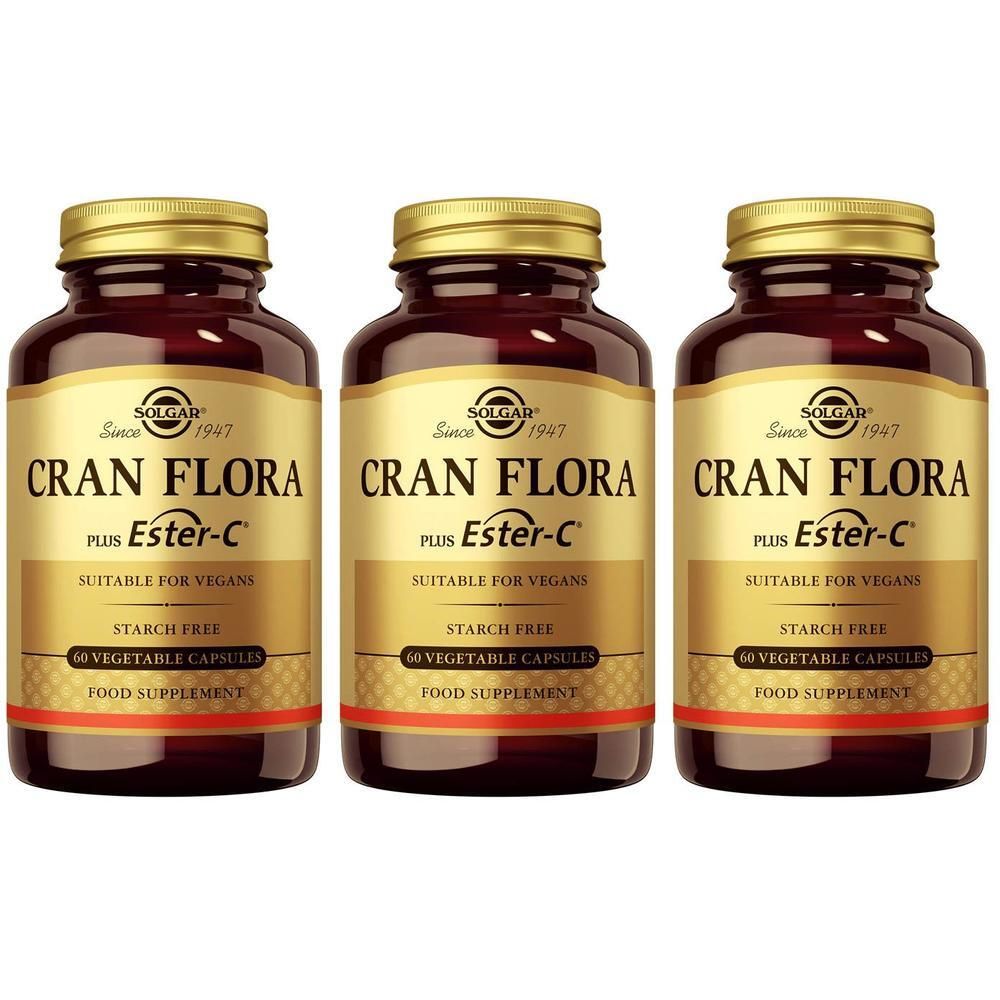 Trois flacons de Solgar Cran Flora Plus Ester-C, 60 gélules végétales.