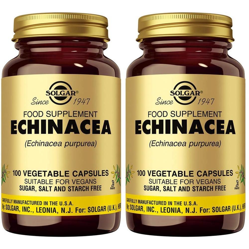 Twee flessen Solgar Echinacea, 100 plantaardige capsules per fles.