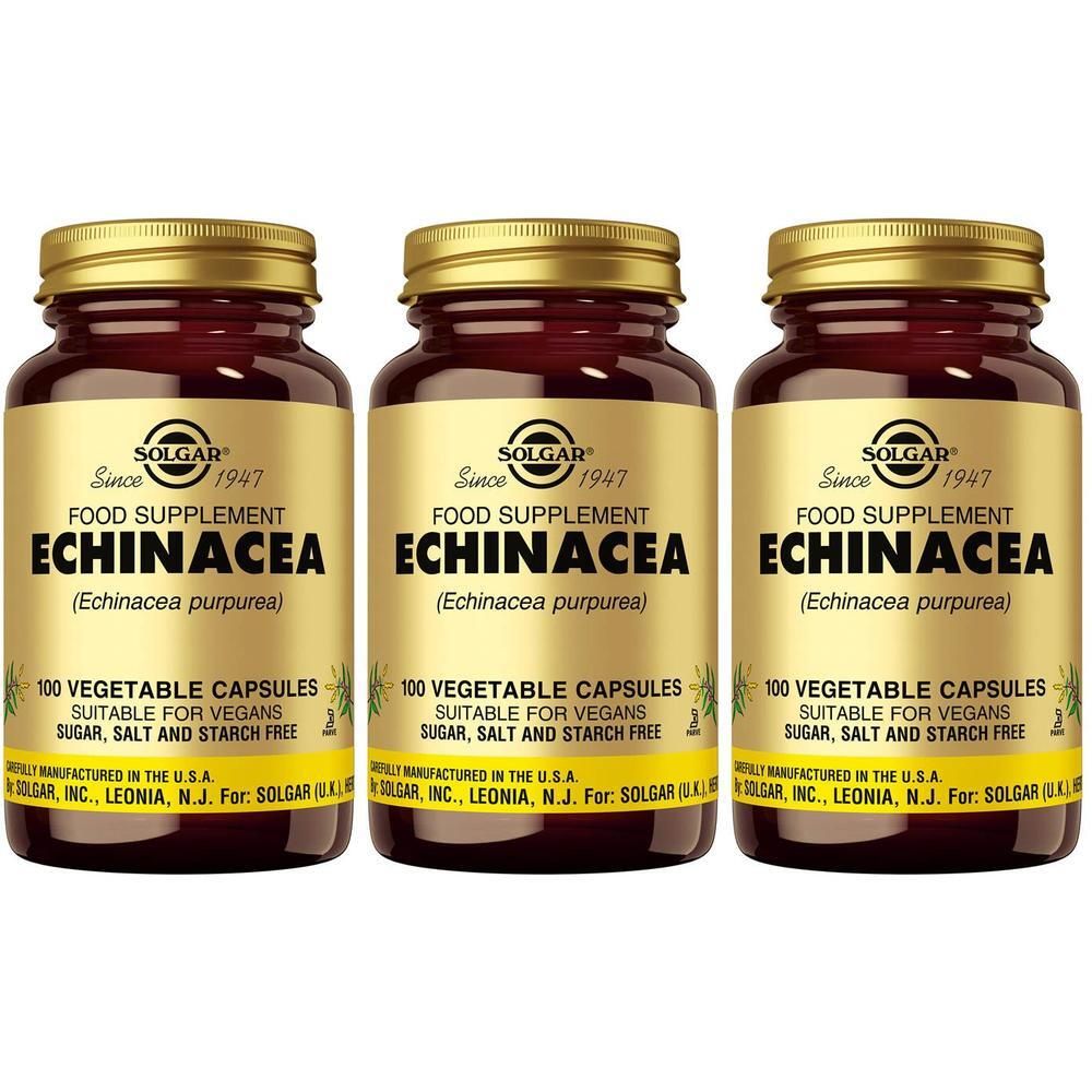 Trois flacons de Solgar Echinacea, complément alimentaire, 100 gélules végétales par flacon.