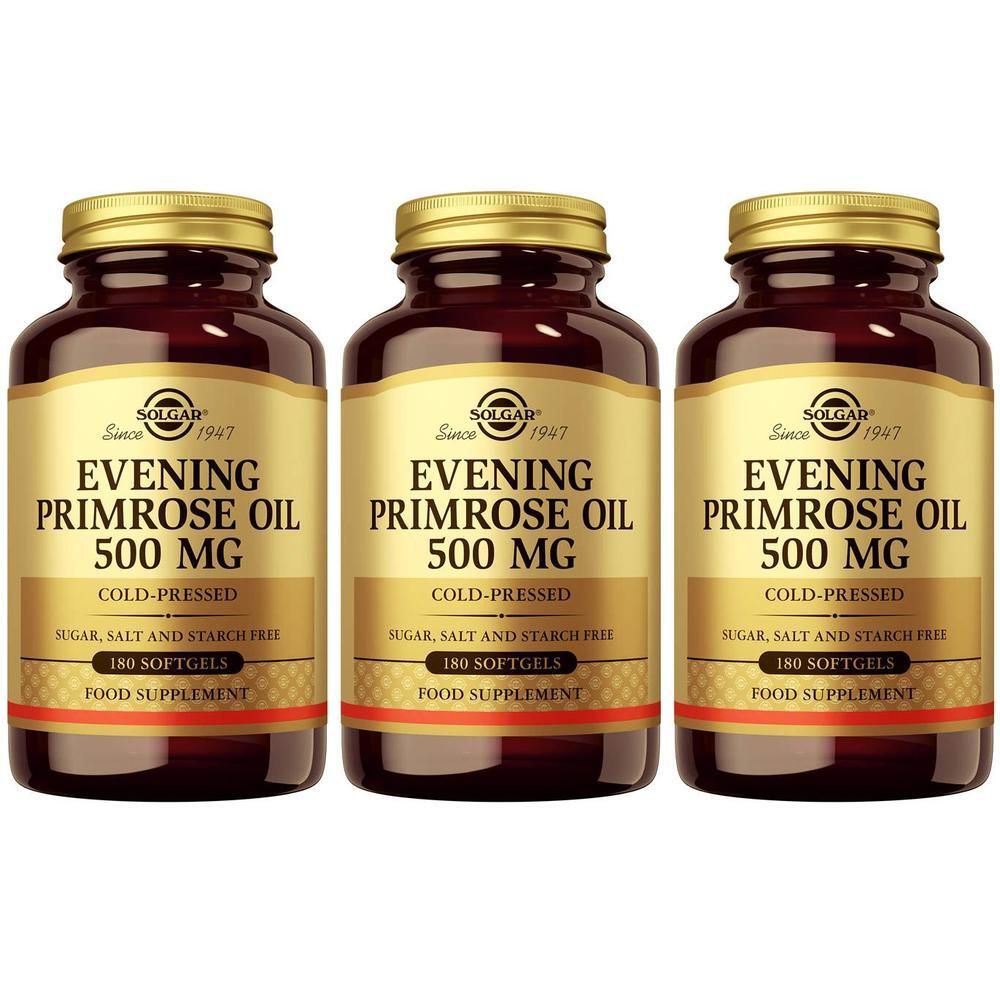Drie flessen Solgar Nachtoniumolie 500 mg, Koudgeperst, 180 softgels.