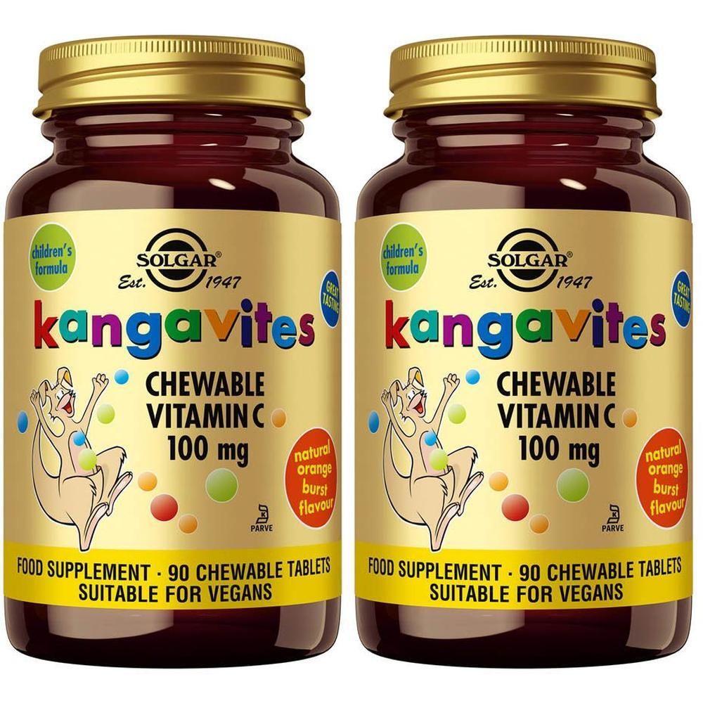 Deux flacons de Solgar Kangavites Vitamine C à croquer 100 mg, 90 comprimés à croquer végétaliens.