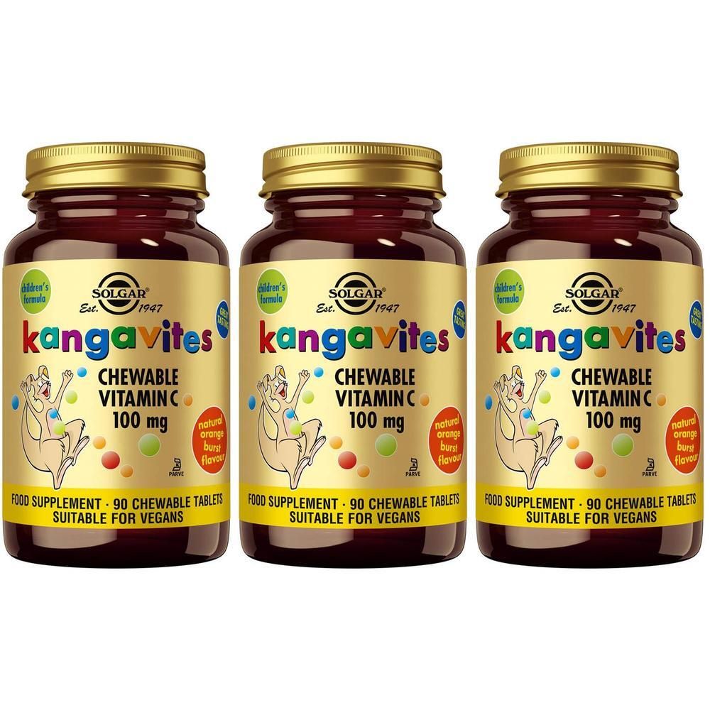 Trois flacons de Solgar Kangavites Chewable Vitamin C 100 mg, 90 comprimés par flacon.