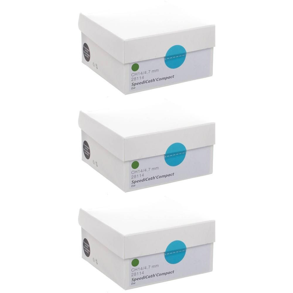 Trois boîtes Speedicath Compact, CH14/4.7mm, 28114. Boîtes blanches avec marquages bleus et verts.