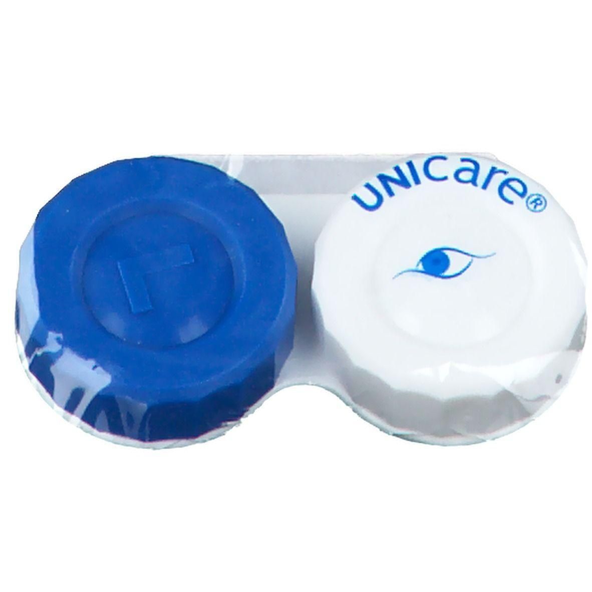 Unicare contactlenshouder met twee vakken, blauw en wit.