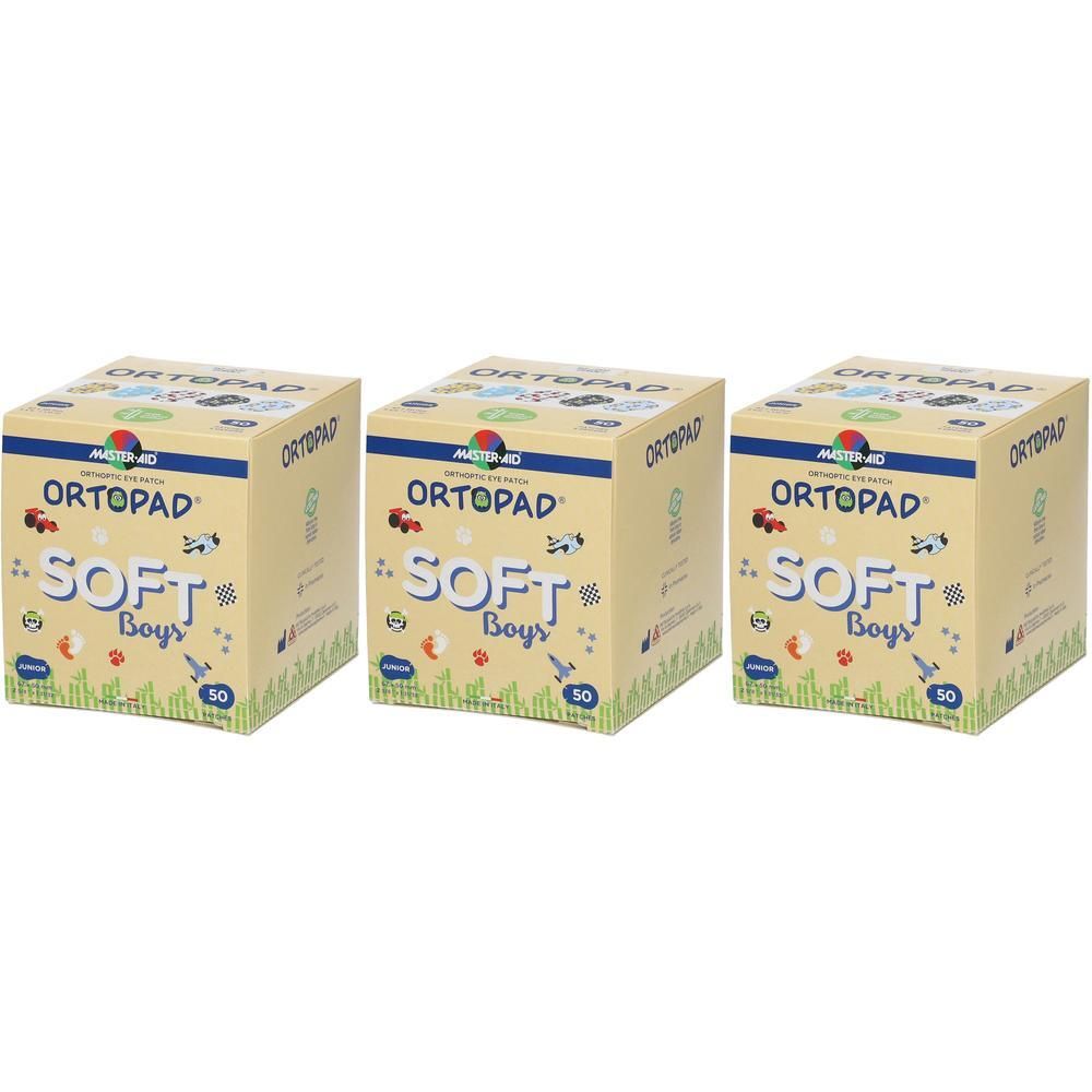 Drie pakken Ortopad Soft Boys pleisters met kinderlijke motieven. Elke verpakking bevat 50 stuks.
