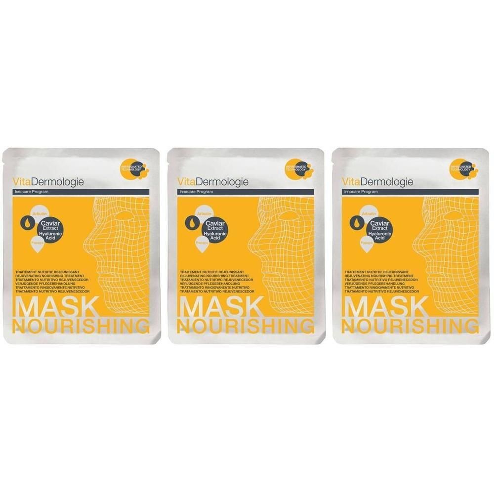 Drie VitaDermologie maskers met kaviaarextract en hyaluronzuur. Gele verpakking met gezichtsprofiel.