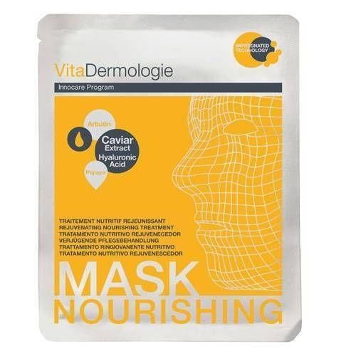 VitaDermologie masker met Arbutine, Kaviaarextract en Hyaluronzuur. Gele verpakking met gezichtsgrafiek.