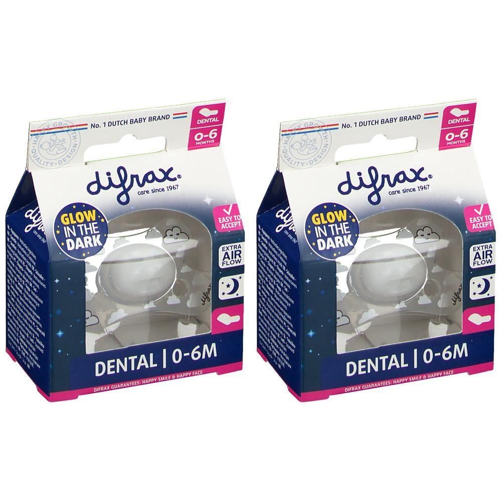 Twee Difrax Dental fopspenen 0-6 maanden, glow in the dark, met extra luchtstroom.