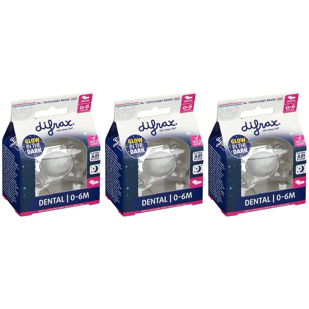 Drie Difrax Dental Glow in the Dark fopspenen (0-6 maanden) in verpakking.