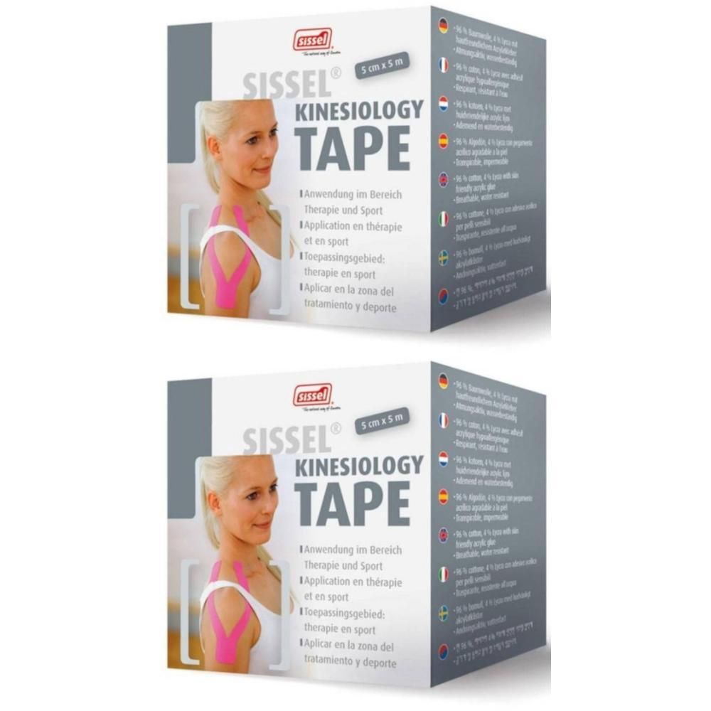 Sissel Kinesiologie Tape rol, 5 cm x 5 m, blauw. Verpakking toont vrouw met tape op schoudergebied.