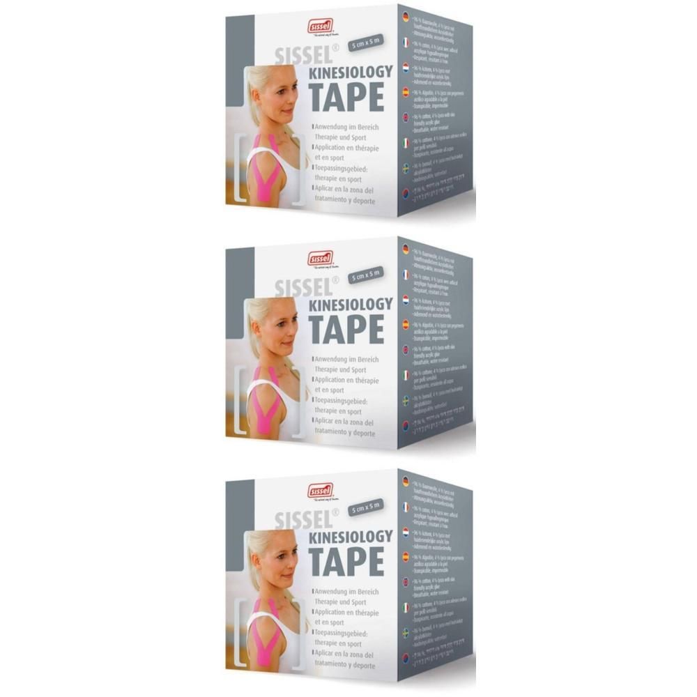 Sissel Kinesiology Tape rol in blauw. Verpakking toont vrouw met tape-applicatie.