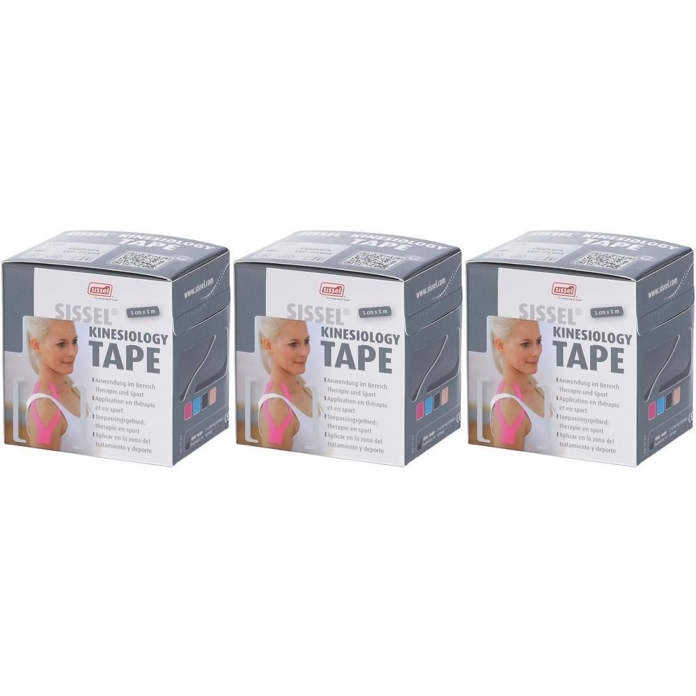 Drie dozen Sissel Kinesiology Tape zwart. Elke doos toont een vrouw met aangebrachte tape.