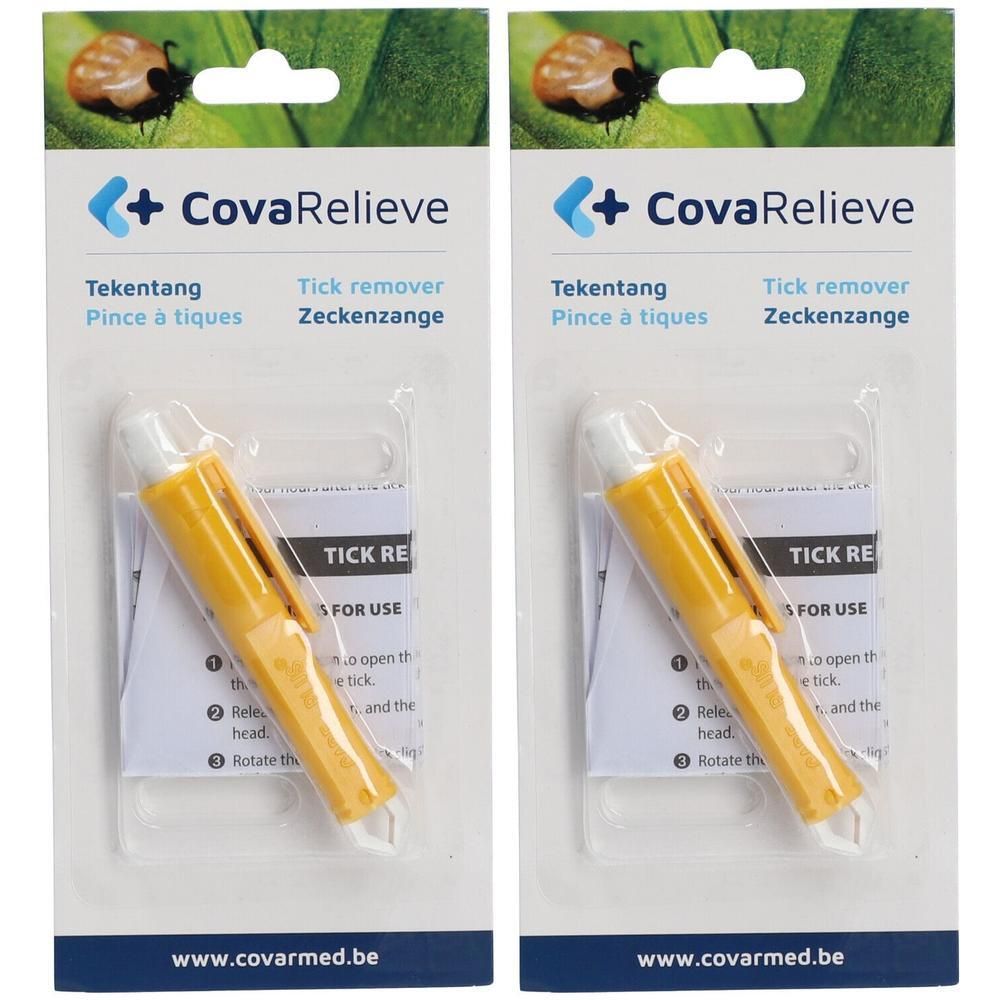 Twee gele tekentangen in blisterverpakking met instructies.