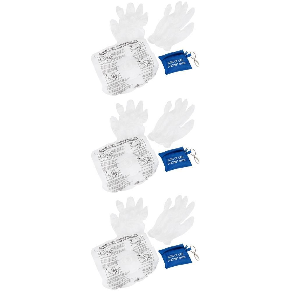 Drie sets met elk een paar handschoenen, een pocket reanimatiemasker en instructies.