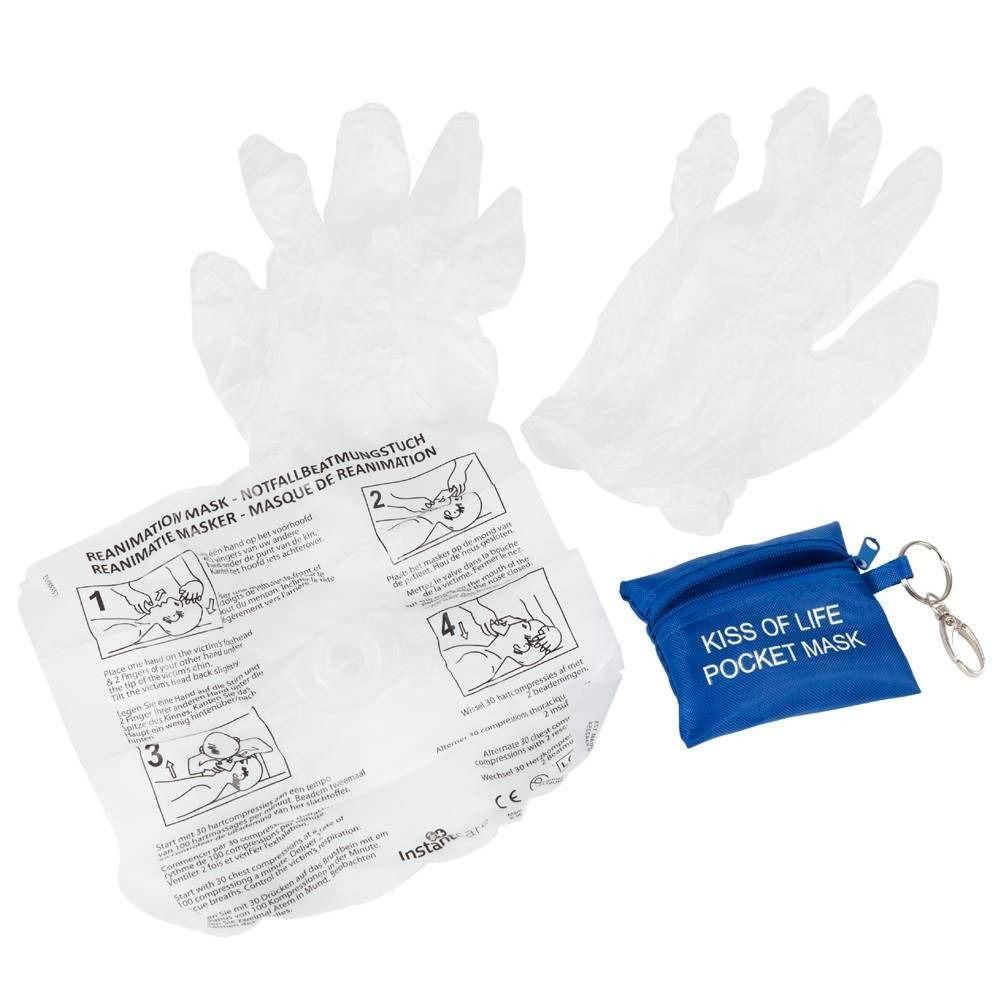 Masque de réanimation, gants et porte-clés avec pochette.