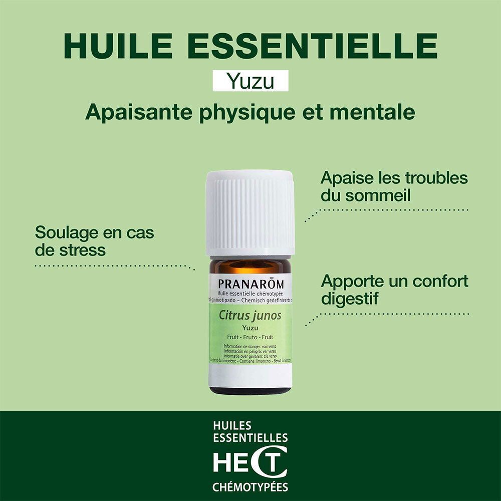 Flacon d'Huile Essentielle Pranarôm Yuzu avec texte sur les bienfaits.