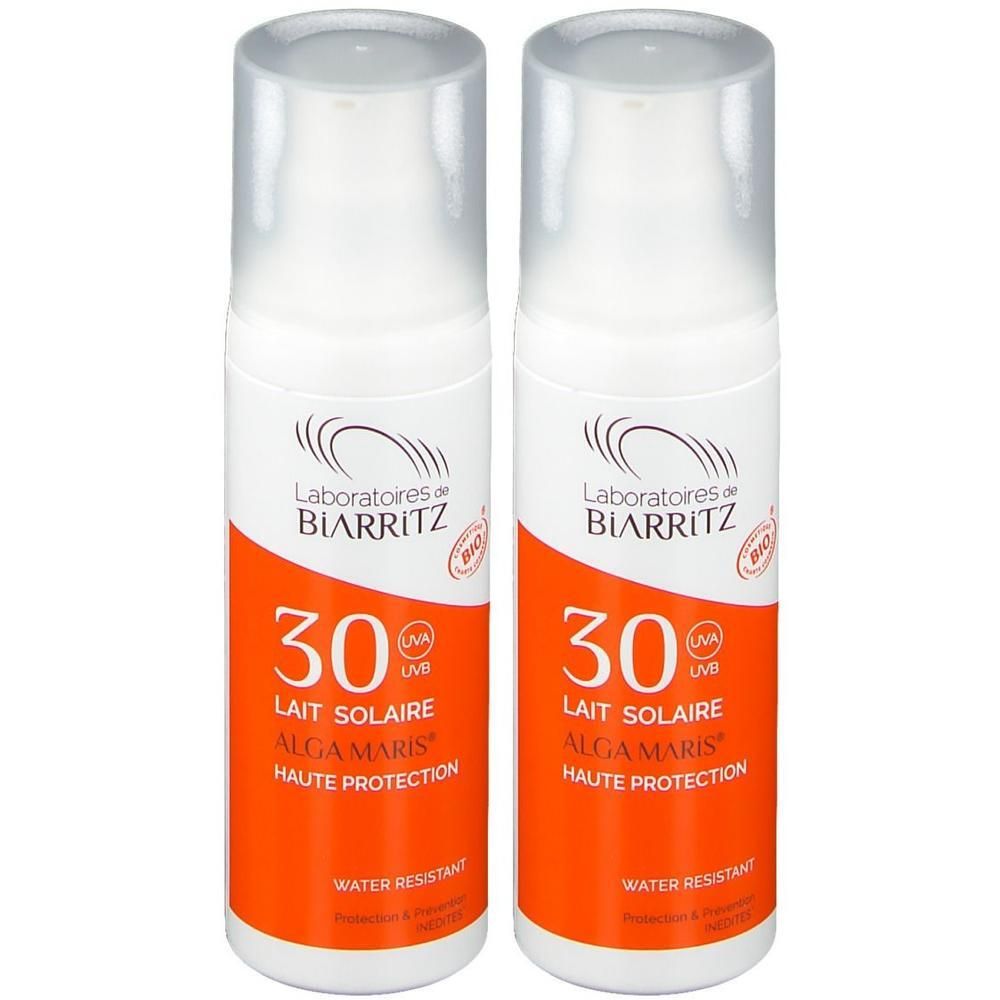 Deux flacons de Lait Solaire Alga Maris SPF30 par Laboratoires de Biarritz.