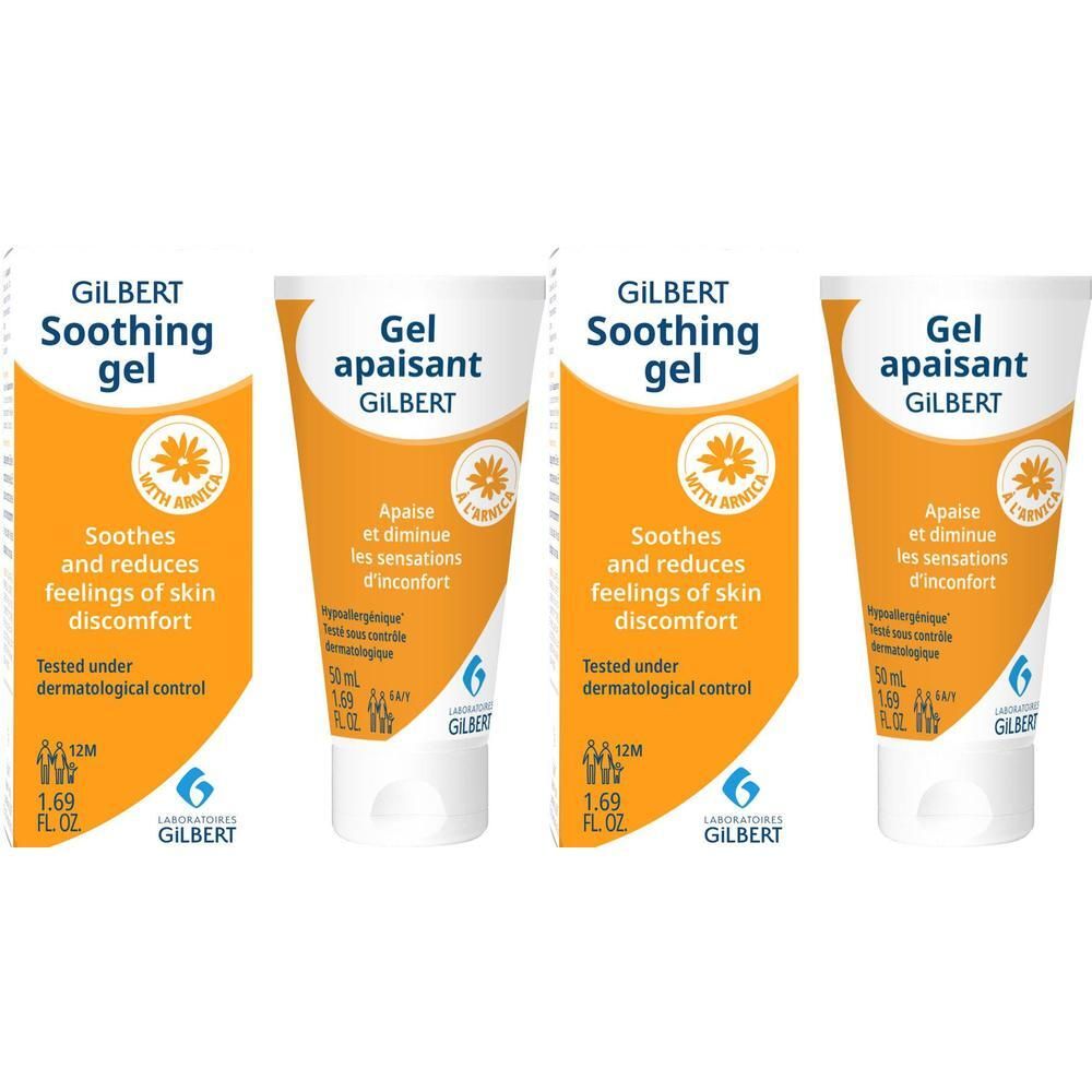 Deux tubes de gel apaisant Gilbert, emballage orange et blanc, avec texte et logo.