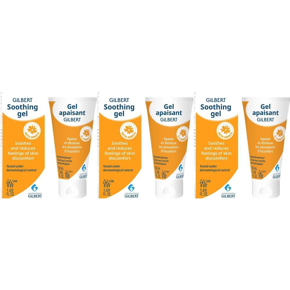 Vijf tubes Gilbert kalmerende gel met arnica, wit en oranje.